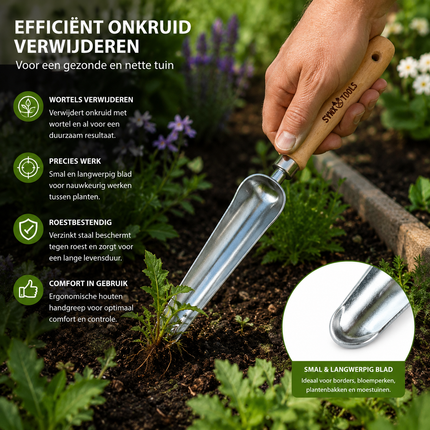 Professionele handonkruidsteker van Synx Tools voor het uitsteken van onkruid en wortels tussen planten