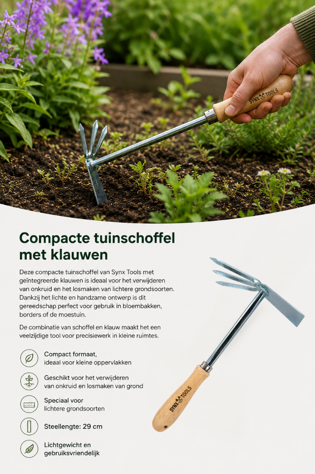 Handcultivator met houten handvat voor tuinonderhoud