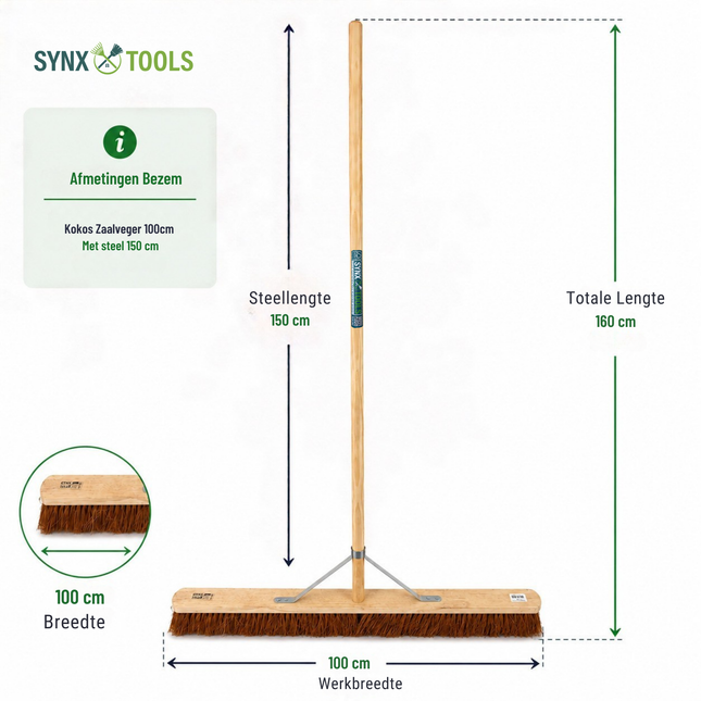 Afmetingen Synx Tools zachte bezem 100 cm – 150 cm steel en 100 cm brede bezemkop