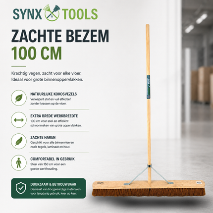 Synx Tools zachte kokosbezem 100 cm voor het vegen van magazijnen, garages en andere grote binnenruimtes