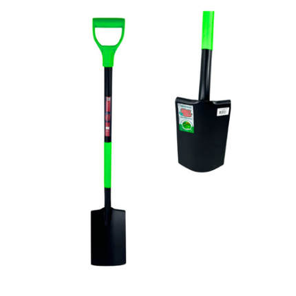 ERGO Tuinspade met steel, groene D-handvat en een close up afbeelding