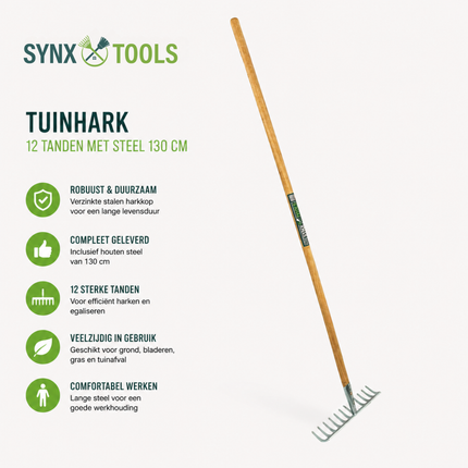 Synx Tools Tuinhark 12 Tanden verzinkt - Harken - Bodembewerkers - Incl. 130cm steel