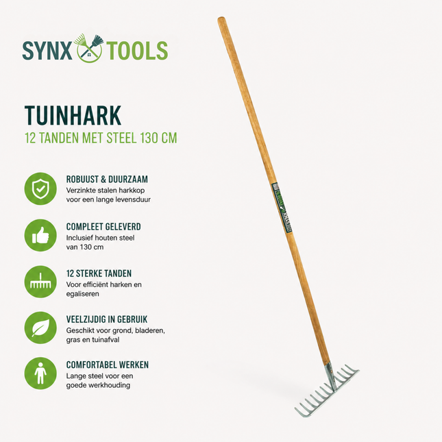 Synx Tools Tuinhark 12 Tanden verzinkt - Harken - Bodembewerkers - Incl. 130cm steel