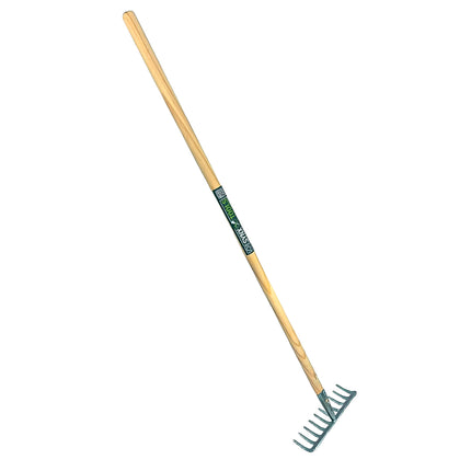 Synx Tools tuinhark 10 tanden met houten steel 110 cm voor bladeren, gras en tuinafval op witte achtergrond.