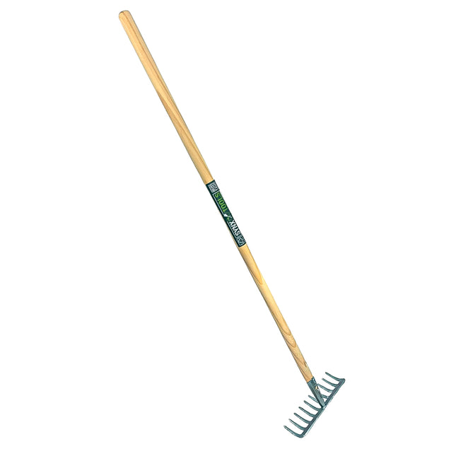 Synx Tools tuinhark 10 tanden met houten steel 110 cm voor bladeren, gras en tuinafval op witte achtergrond.