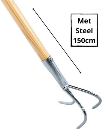 Tuinkrabber met 3 tanden en een houten steel van 150 cm