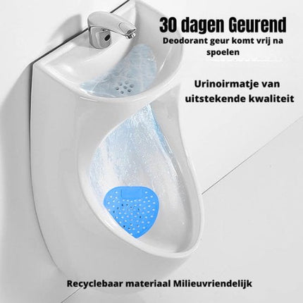 Blauwe Urinoirmat geplaatst op een Urinoir