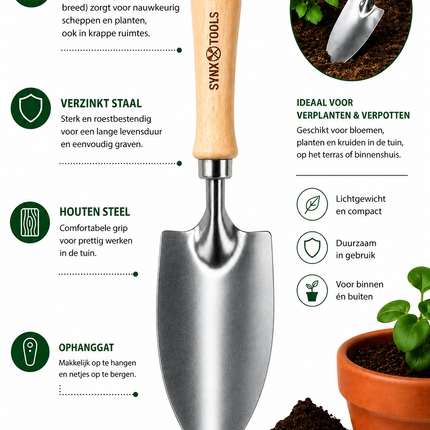 Synx Tools verplantschepje met houten handvat en verzinkt stalen blad voor verpotten en verplanten van bloemen, kruiden en kamerplanten