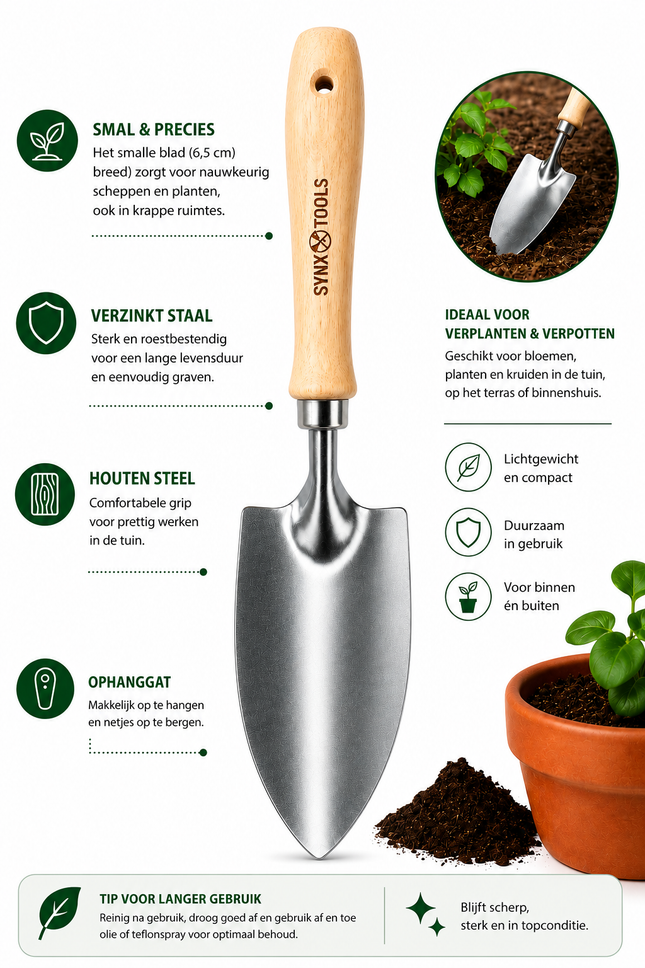 Synx Tools verplantschepje met houten handvat en verzinkt stalen blad voor verpotten en verplanten van bloemen, kruiden en kamerplanten