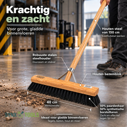 Synx Tools zachte zaalveger 40 cm met paardenhaar en 150 cm houten steel voor stofvrij vegen
