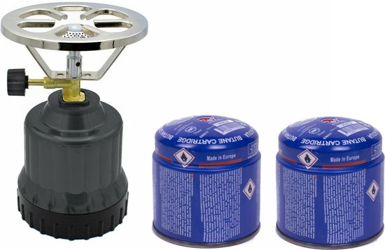 Zwart camping gasstel met handzaam ontwerp voor gebruik buiten met twee gas navullingen – Synx Store