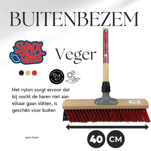 X bezem rood zwart met houten steel 150 cm