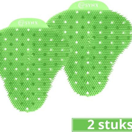 2 groene urinoirrooster met een witte achtergrond