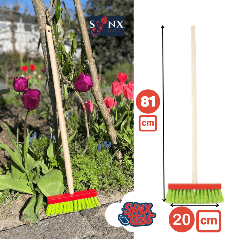kinderbezem 81 cm rood met groen nylon haren