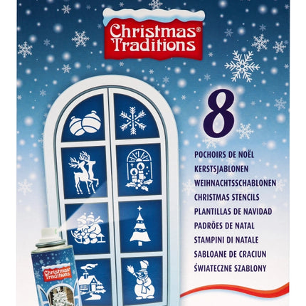 Schneespray mit weihnachtlichem Fensterschablonen-Set – Schneespray – Schneedekoration (8 Stück, 150 ml)