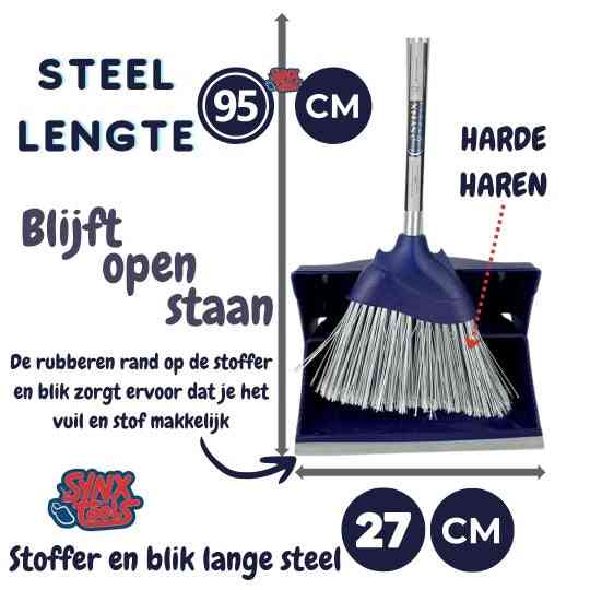 Steel lengte 95 cm rn 27cm breed blijft open staan stoffer en blik met lange steel met rubberen rand