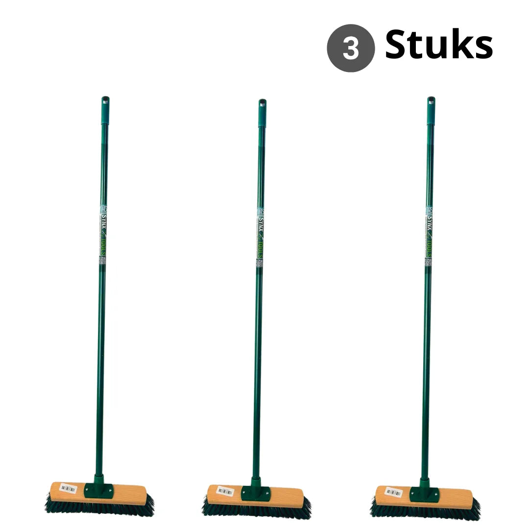 Set van 3 Synx Tools buitenbezems met 117 cm steel en 30 cm brede bezemkop, ideaal voor tuin, terras, stoep en oprit.