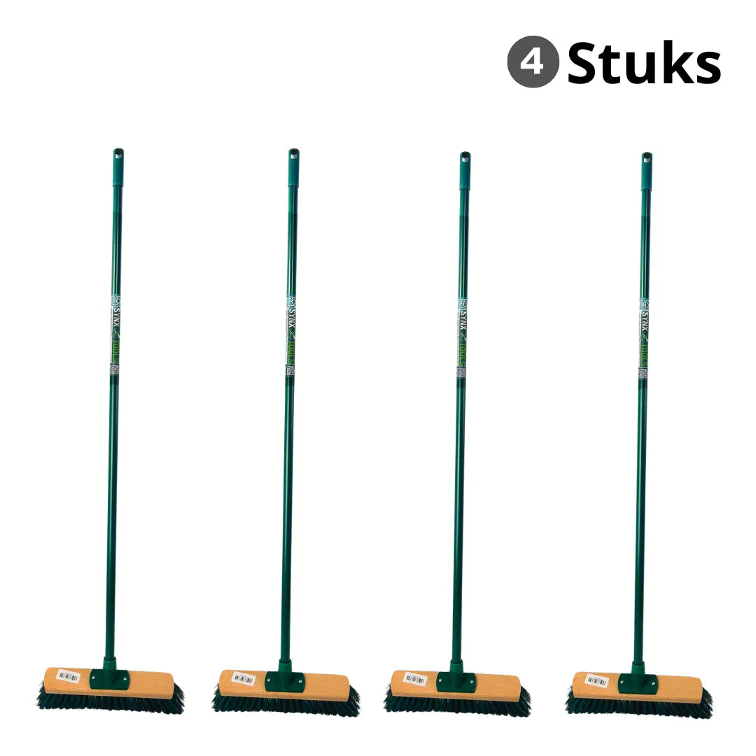 Set van 4 Synx Tools buitenbezems met 117 cm steel en 30 cm brede bezemkop, ideaal voor tuin, terras, stoep en oprit.