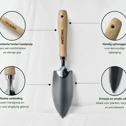 Synx Tools verplantschepje met houten handgreep en verzinkt stalen blad tijdens het planten van bloemen in de tuin.