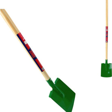 de voor- en zijkant van de Groene Synx Tools kinderspade met houten steel