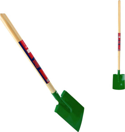 de voor- en zijkant van de Groene Synx Tools kinderspade met houten steel