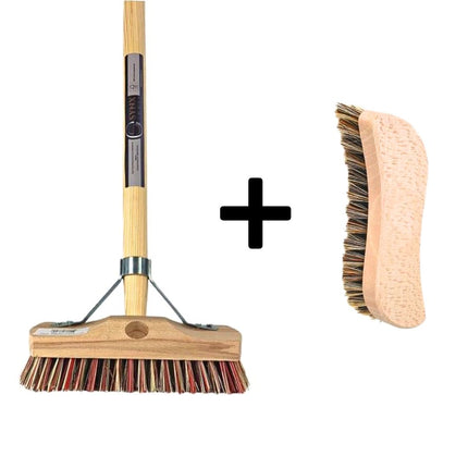Synx Tools Schrobbezem Union mix + Werkhandborstel Union - Nylon extra hard - Schrobber - Schoonmaakbezem - Schrobborstels - Incl. Steel 150 cm