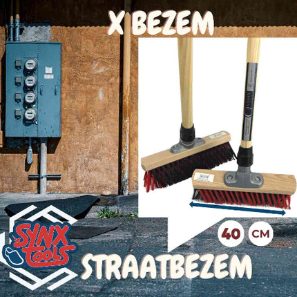 X bezem rood zwart met houten steel 150 cm