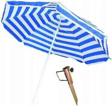 Parasol avec porte parasol - Parasol de plage rayé bleu/blanc 165 cm - Ajustable